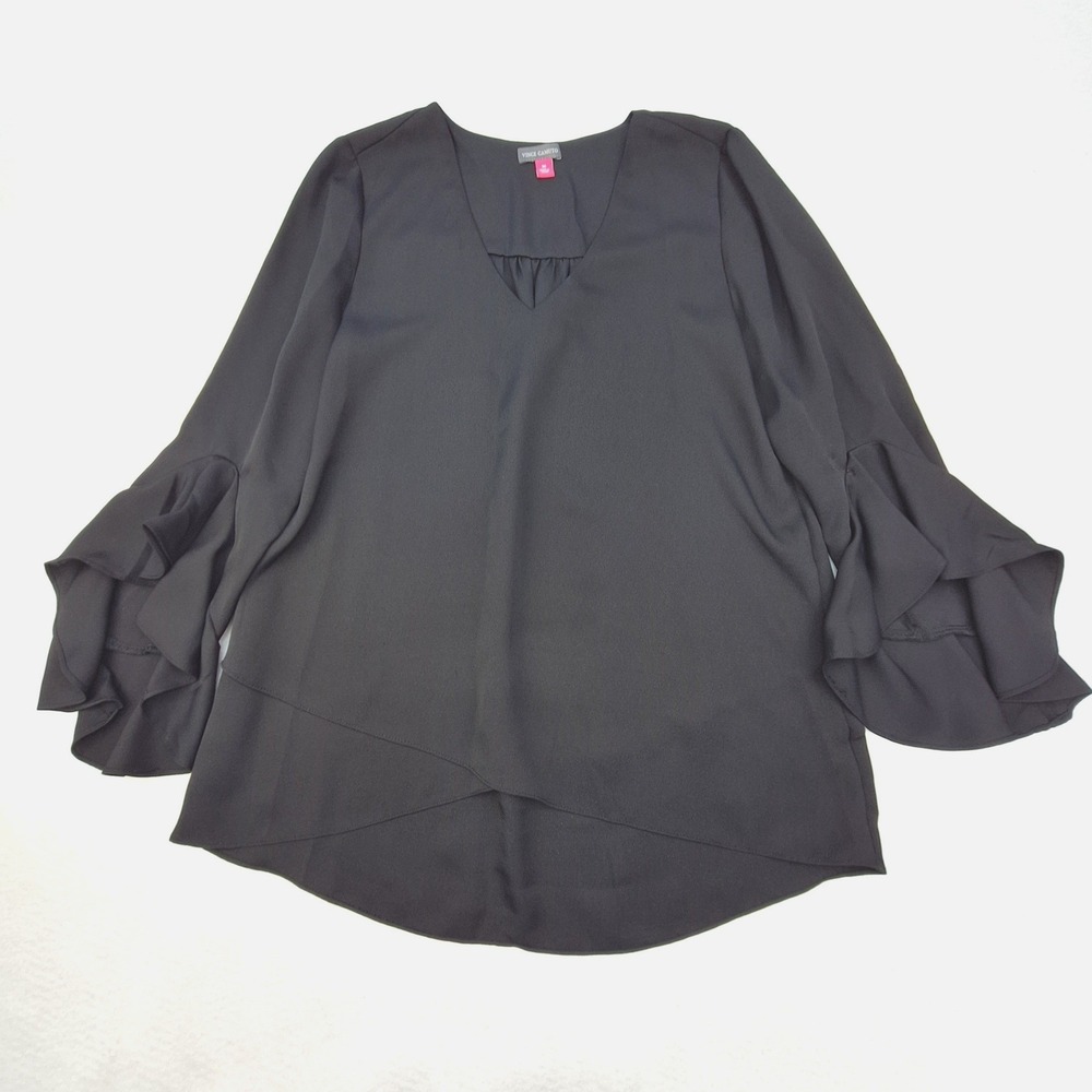 Vince Camuto Blouse Womens Medium‎ Black Ruffle Bell Sleeve V-Neck Whimsigoth